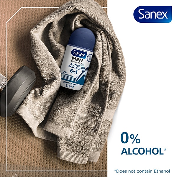 Sanex Men Skin Health Active Control Antiperspirant Spray wrapped in towel.