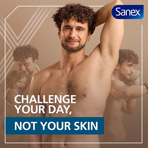A man raising his arm, showing his armpit with the text “challenge your day, not your skin”.