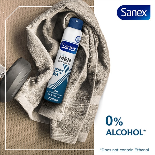 Sanex Men Skin Health Active Control Antiperspirant Spray wrapped in towel.