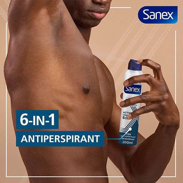 A man about to use Sanex Men Skin Health Active Control Antiperspirant Spray 6-in-1.
