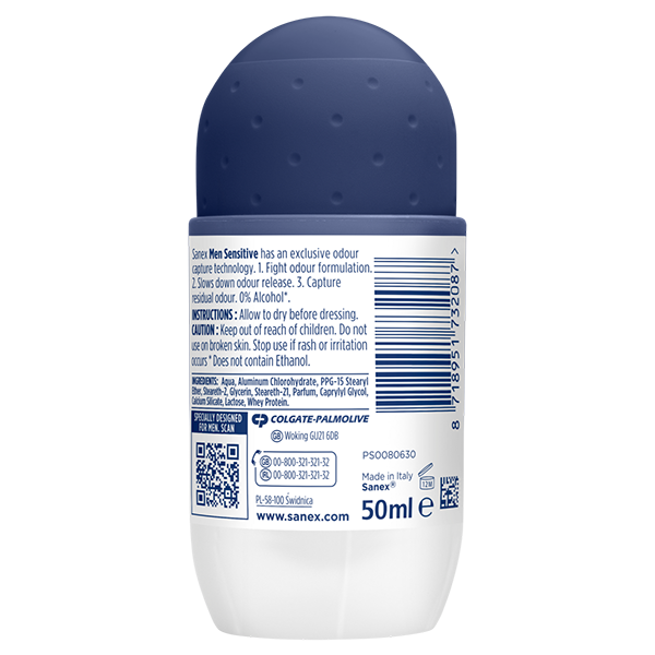 Sanex Men Skin Health + Sensitive + 48H Antiperspirant + Roll On back view