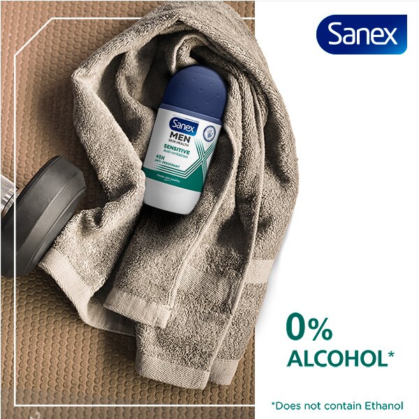 A towel with Sanex Men Sensitive Antiperspirant Roll-on wrapped in the middle.