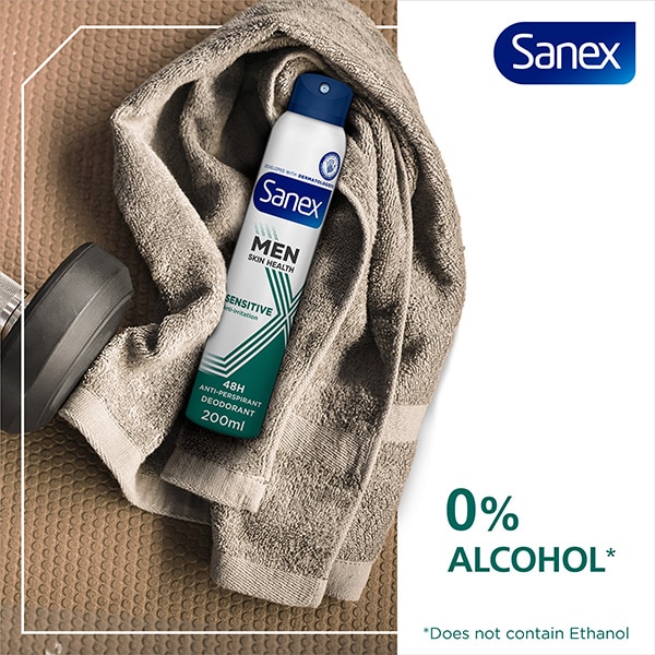 In the middle of a towel is Sanex Men Skin Health Sensitive Antiperspirant Spray.