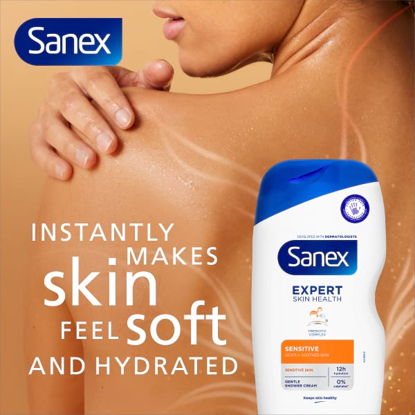 Sanex Expert Skin Health Sensitive Shower Cream Refill Sanex Expert Skin Health Sensitive Shower Cream Refill bottle placed next to woman's shoulder.